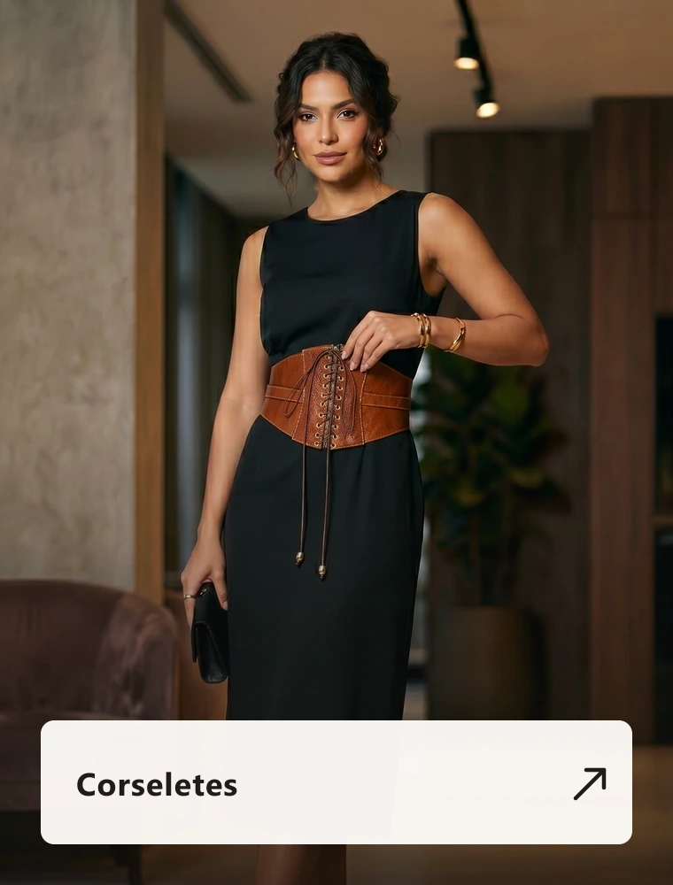 Corseletes — look preto com corselete de couro caramelo