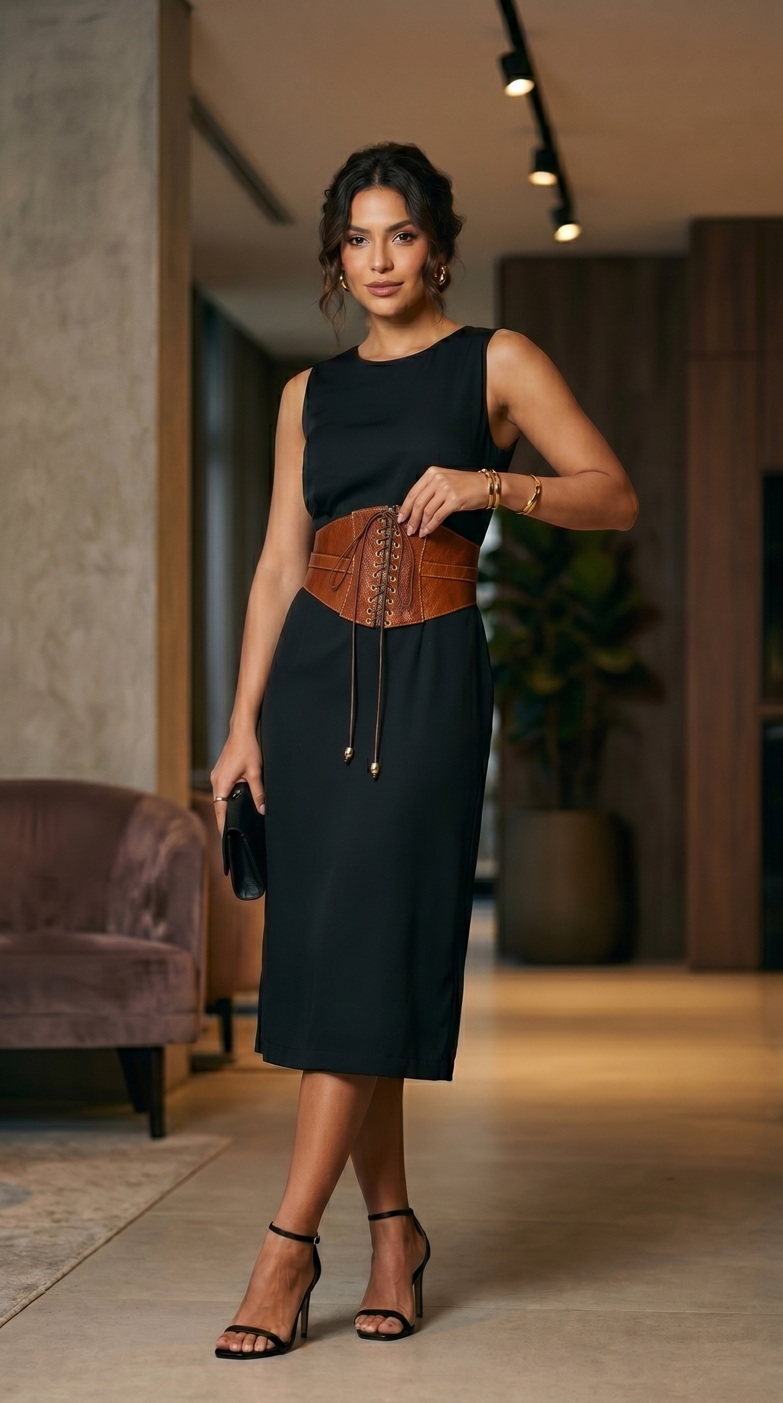 Look preto com corselete de couro caramelo